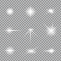 Lighting flare collection. Realistic glowing light stars. Beautiful shining elements. Set of glow effects. Vector illustration, eps 10