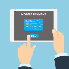 Mobile payment concept. Easy transaction with mobile banking. Credit card in tablet. Payment through internet.