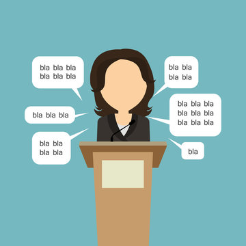 Blah blah politician. Concept of lie on debates or president election. Blank template face with speech bubbles. Woman speaker.