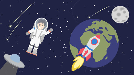 Astronaut floating in cosmos. Space travel. Earth and Moon and rocket. UFO spacecraft. Happy smiling man in space suit. © inspiring.team
