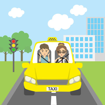 Taxi driver with passenger. Riding on the city street. Yellow car for urban service. Scared male driver and female passenger.