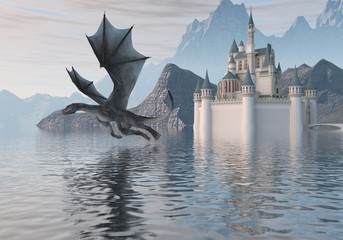 Fototapeta premium 3D Ilustracja Zamku Na Wodzie I Smoka