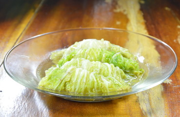 steamed Chinese cabbage stuffed chop pork and Indian mushroom on dish