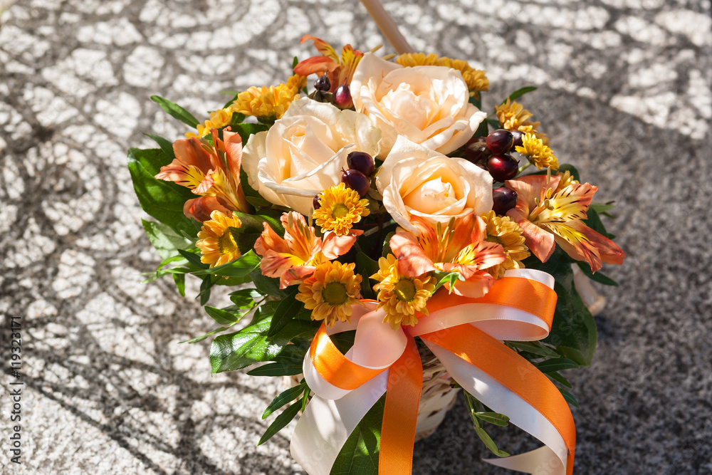 Wall mural Beautiful orange bouquet with roses and chrysanthemum