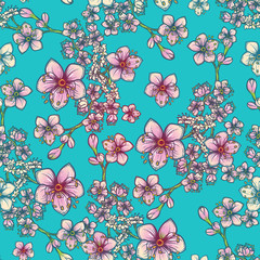 Fresh spring floral seamless pattern on blue background