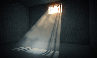 light window jail bars bent. dark background. freedom imprisonment constraint