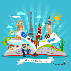 Obraz premium Travel book. Cartoon open tour guide book with vector trip elements