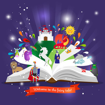 Fairy tale book. Open book with cartoon fairy tales characters vector illustration