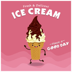 Vintage Ice cream poster design with vector ice cream character. 