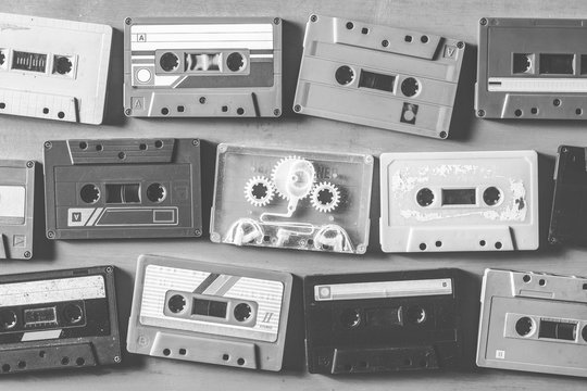 Vintage black and white of old cassette tapes