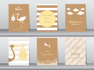 Set of baby shower invitations cards,poster,greeting,template,stork,Vector illustrations