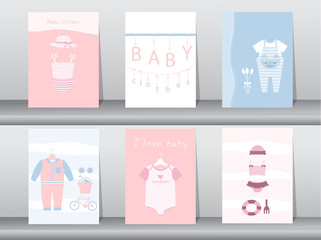 Set of baby shower invitation cards,poster,template,greeting cards,baby clothes,Vector illustrations