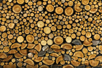 Background of dry chopped firewood logs stacked up on top