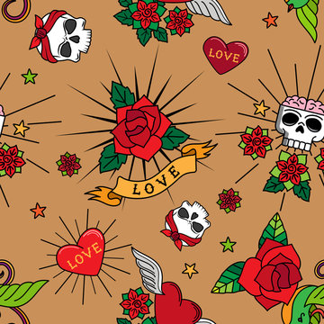 Vintage cute tattoo roses, hearts and skulls vector seamless pattern