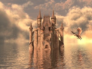 3D Illustration Of A Castle On The Water And Dragon © elenaed