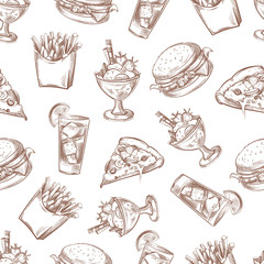 Fast food vector seamless background, menu pattern for your packing design