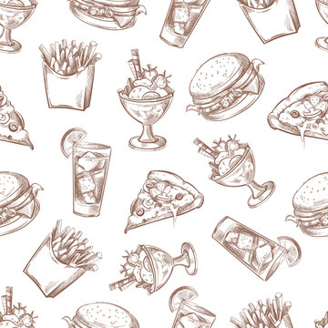 Fast food vector seamless background, menu pattern for your packing design