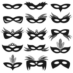 Black carnival party face masks isolated on white vector set