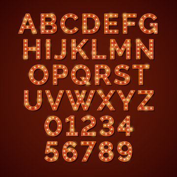 Retro light bulb bright alphabet, vector font