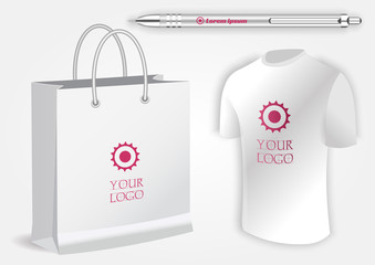 Blank white shirt, white pen and shopping bag isolated on white vector. Display Mock up for corporate identity and promotion objects