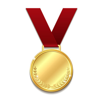 Vector gold medal on red ribbon.