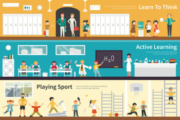 Learn To Think Active Learning Playing Sport flat school interior outdoor concept web