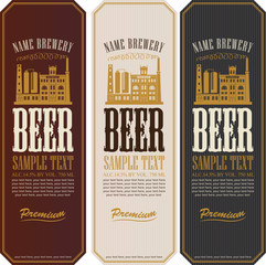 set of beer labels and the image of the brewery building