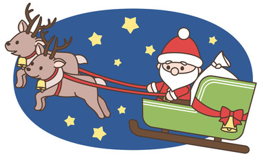 デフォルメサンタクロースとトナカイ　ソリに乗る　クリスマス素材　白背景・ベクター