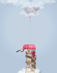 Pink elephant in the sky with books. Illustration.