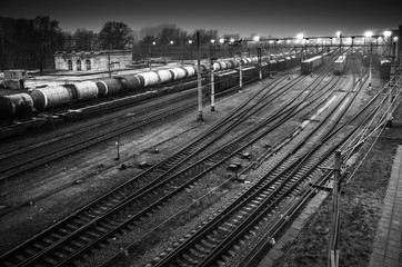 Sorting railway station with cargo trains
