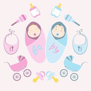 Cute greetings card with icons of babies and toys in flat design style.