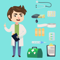 Medical staff character. Young man doctor. Therapist in uniform. Medicine objects flat cartoon style. Vector illustration.