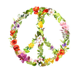 Vintage peace sign with flowers. Watercolor