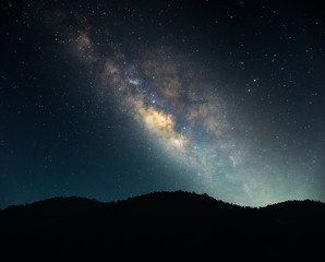 Landscape Milky Way on the night sky.Mountain at night with bright light of the stars across the sky, and dark enough to see the Milky Way galaxy