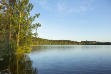 Beautiful evening by the lake during sunset. Some rocks are in the water. Birch leaves are glowing due to sun going down. Image taken in Finland.