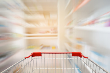 Pharmacy store shelves interior with blurred background