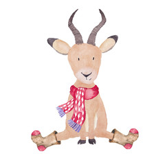 Obraz premium Antelope Christmas Animals Winter watercolor Hand-painted illustration cute animal holidays Seasonal Isolated hat scarf