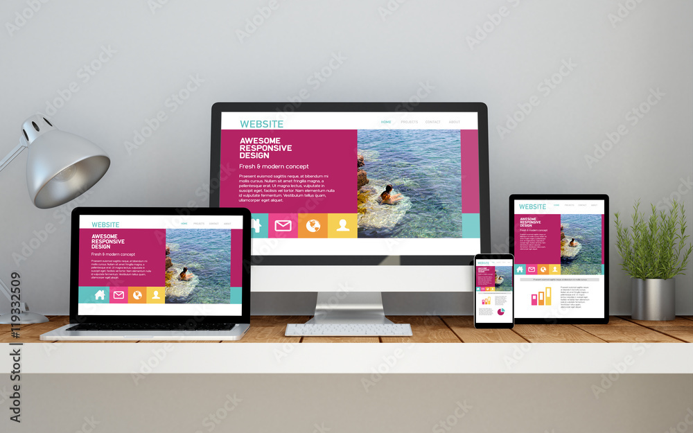 Sticker workplace with fresh responsive website on devices