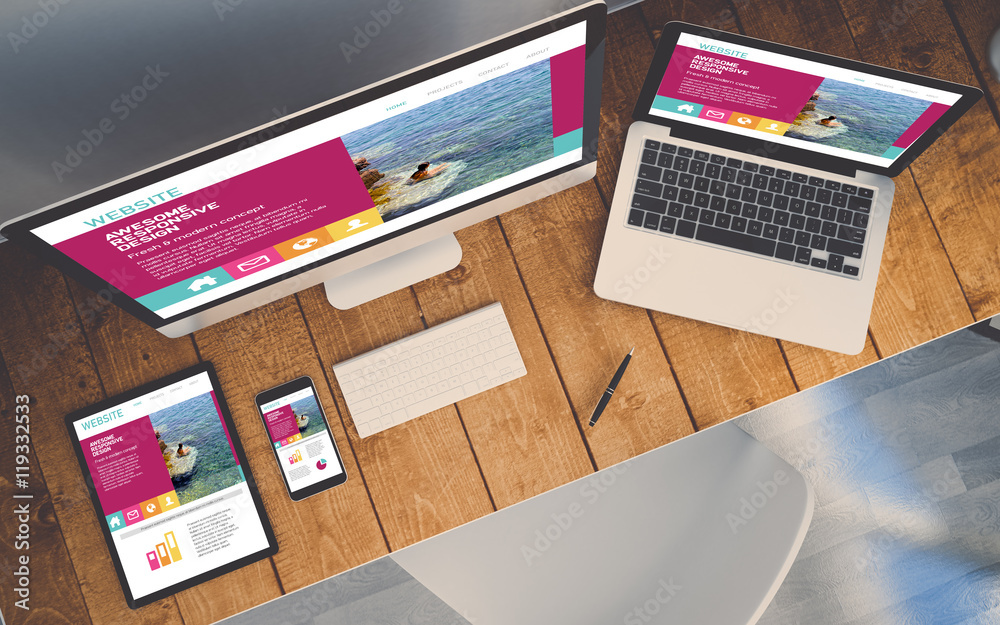 Poster top view workplace with devices showing responsive fresh designe