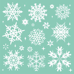Fototapeta na wymiar White snowflakes icon on green background.