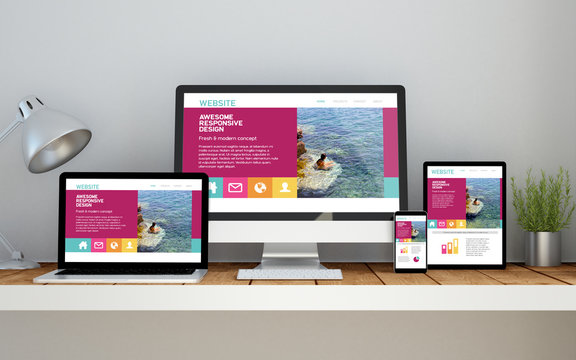 workplace with fresh responsive website on devices