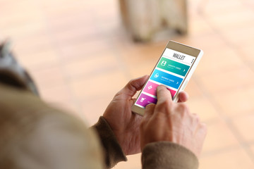 man hands surfing digital wallet