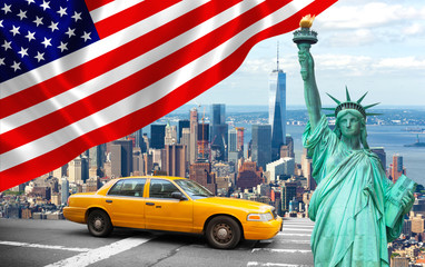 New York City with Liberty Statue ad yellow cab