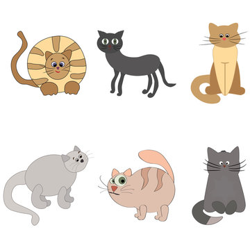 Set of cute cartoon kitties or cats with different colored fur.