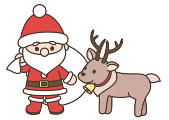 デフォルメサンタクロースとトナカイのイラスト　クリスマス素材　白背景・ベクター