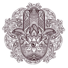 Hand drawn Ornate amulet Hamsa Hand of Fatima. Ethnic amulet common in Indian, Arabic and Jewish cultures.