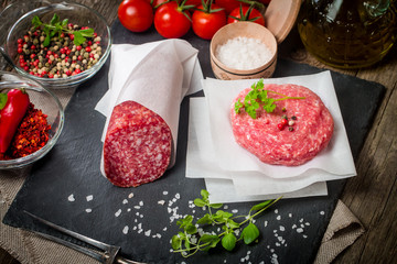 Raw Ground meat Burger and salami 