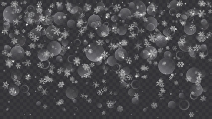 Background of translucent falling snowflakes. Transparency only in vector file
