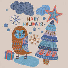 Christmas card with winter owl and stars, vector illustration.