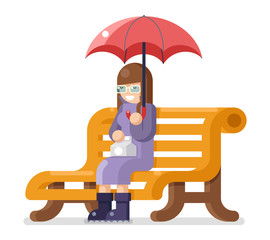 Girl sit bench umbrella autumn flat design isolated template vector illustration